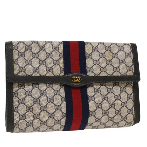 GUCCI GG Canvas Sherry Line Clutch Bag PVC Leather Red Navy gray Auth th3865 - Picture 1 of 15